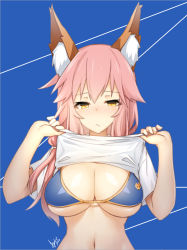 Rule 34 | 10s, 1girl, animal ears, bikini, blouse, blue background, blue bikini, blush, breasts, clothes lift, fate/extra, fate/grand order, fate (series), fox ears, hair between eyes, large breasts, long hair, navel, pink hair, shirt, shirt lift, short sleeves, signature, skindentation, solo, stomach, swimsuit, tamamo (fate), tamamo no mae (fate/extra), tamamo no mae (swimsuit lancer) (fate), tamamo no mae (swimsuit lancer) (first ascension) (fate), tilt-shift (azalanz), upper body, wet, wet clothes, wet shirt, white shirt, yellow eyes