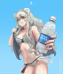 Rule 34 | 1girl, absurdres, animal ears, arknights, artist name, artist request, bear ears, bikini, blue background, blue eyes, bottle, brand name imitation, breasts, collarbone, commentary, cowboy shot, english commentary, foreshortening, giving, gradient background, grey hair, highres, holding, holding bottle, incoming drink, looking at viewer, medium breasts, multicolored hair, navel, pocari sweat, rosa (arknights), smile, solo, standing, streaked hair, swimsuit, towel, towel on one shoulder, water bottle, white bikini