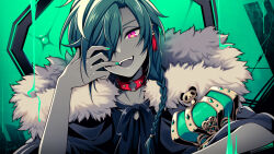 Rule 34 | 1boy, braid, character request, chiyu (silverxxxx), choker, commentary request, copyright request, crown, earrings, fangs, fingernails, fur trim, green nails, hair over one eye, hair over shoulder, hand up, jewelry, king (vocaloid), long hair, looking at viewer, male focus, open mouth, partial commentary, pink eyes, red choker, single braid, solo, teeth, upper body, upper teeth only, virtual youtuber