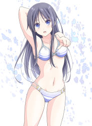 Rule 34 | 1girl, :d, akiyama mio, arm up, armpits, bare shoulders, bikini, black hair, blue eyes, collarbone, commentary request, dresstrip, k-on!, long hair, looking at viewer, navel, open mouth, pointing, pointing at viewer, simple background, smile, solo, striped bikini, striped clothes, swimsuit, thighs, white background