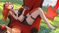 Rule 34 | barefoot, belt, cake, cake slice, commission, fishnets, flower, food, grass, highres, horns, hyuu (lblank27), long hair, original, red hair, shorts, sitting on throne, solo, tail, thigh strap, throne, yellow eyes