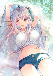 Rule 34 | 1girl, animal ears, arms up, blurry, blurry background, blush, breasts, cat ears, cat tail, cocoa (cafe-hotcocoa), cowboy shot, day, dutch angle, from below, hair ribbon, highres, long hair, looking at viewer, medium breasts, midriff, navel, open mouth, original, panties, ribbon, shirt, short shorts, shorts, silver hair, sleeveless, solo, tail, tied shirt, towel, tree, underwear, upshorts, white panties, yellow eyes