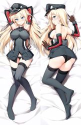 Rule 34 | &gt;:(, 10s, 1girl, :o, armpits, arms behind head, arms up, ass, bare shoulders, bed sheet, bismarck (kancolle), black hat, black panties, black thighhighs, blonde hair, blue eyes, blush, breasts, brown gloves, cameltoe, closed mouth, collar, commentary request, dakimakura (medium), detached sleeves, from above, frown, full body, furrowed brow, gloves, hat, kantai collection, large breasts, long hair, long sleeves, lying, military, military uniform, multiple views, no pants, no shoes, on back, on stomach, open mouth, panties, peaked cap, pocket, raised eyebrows, sheet grab, shuffle (songdatiankong), sideboob, thighhighs, underwear, uniform, v-shaped eyebrows, very long hair