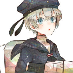 Rule 34 | 10s, 1girl, bad id, bad nicoseiga id, blue eyes, blush, clothes writing, hat, itomugi-kun, kantai collection, long sleeves, military hat, open mouth, personification, school uniform, short hair, silver hair, solo, white background, z1 leberecht maass (kancolle)