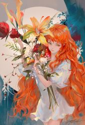 Rule 34 | 1girl, absurdres, dress, flower, green eyes, highres, holding, holding flower, lizchief, long hair, looking at viewer, orchid, original, red hair, signature, skirt, solo, very long hair, white dress