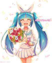 Rule 34 | 1girl, ^ ^, artist name, blue flower, blue hair, blush, bouquet, closed eyes, flower, hair ribbon, highres, holding, holding bouquet, long hair, nipako, open mouth, poyoyon chihiro, red flower, ribbon, sailor collar, skirt, smile, solo, twintails, ultimate nipper, very long hair, white background, white ribbon, white skirt, yellow flower