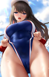 1girl bad_id bad_pixiv_id bare_hips baseball_cap blue_eyes blue_one-piece_swimsuit blue_sky blush breasts brown_hair cameltoe chain-link_fence clothes_lift cloud commentary_request competition_swimsuit covered_navel day fence from_below gluteal_fold hat jacket large_breasts lifting_own_clothes long_hair long_sleeves looking_at_viewer looking_down mhru one-piece_swimsuit open_clothes open_jacket open_mouth original outdoors red_jacket sky solo straight_hair sweat swimsuit swimsuit_lift thighs track_jacket white_hat