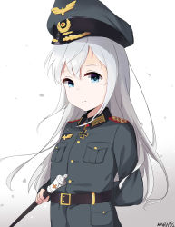 Rule 34 | 10s, 1girl, alternate costume, baton, belt, blue eyes, blue hair, color1087, cross, epaulettes, hat, hibiki (kancolle), highres, iron cross, kantai collection, long hair, looking at viewer, medal, military, military uniform, nazi war ensign, peaked cap, simple background, solo, uniform, white hair