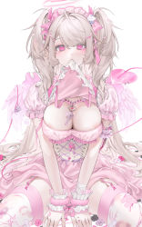 Rule 34 | 1girl, ahoge, angel wings, animalization, areola slip, arm cuffs, bandages, bandaid, bandaid on leg, beads, bite mark, blood, blush, bow, breasts, chest harness, cleavage, cleavage cutout, clothes lift, clothing cutout, collar, corset, cross, cross-laced clothes, demon tail, dress, ear piercing, finger piercing, flower, frilled collar, frilled cuffs, frilled dress, frills, garter straps, halo, harness, heart, highres, large breasts, latin cross, light brown hair, long hair, nipple piercing, noose, original, parted bangs, pentagram, piercing, pink blood, pink bow, pink dress, pink eyes, pink ribbon, puffy short sleeves, puffy sleeves, purple ribbon, ribbon, rope, self-harm, short sleeves, signature, simple background, spikes, tail, tail ornament, tail piercing, thighhighs, two side up, unxi, very long hair, white background, wings