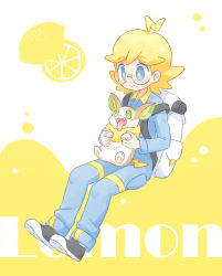 Rule 34 | 1boy, ahoge, akasaka (qv92612), backpack, bag, blonde hair, blue eyes, blue jumpsuit, closed mouth, commentary request, creatures (company), food, fruit, game freak, gen 8 pokemon, glasses, happy, highres, holding, holding pokemon, jumpsuit, lemon, long sleeves, looking down, nintendo, on lap, pokemon, pokemon (creature), pokemon on lap, pokemon xy, semi-rimless eyewear, shoes, smile, white bag, yamper