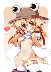 Rule 34 | 1girl, animal ears, blonde hair, blush, bottomless, cat ears, cat girl, cat tail, chibi, clothes lift, covering privates, covering crotch, fang, female focus, flat chest, hat, heart, highres, kemonomimi mode, moriya suwako, navel, nipples, shirogane (platinum), shirt lift, solo, spoken heart, tail, thighhighs, touhou, yellow eyes