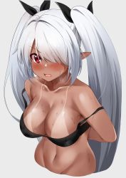 Rule 34 | 1girl, absurdres, arms behind back, bikini, bikini top only, black bikini, black ribbon, blue archive, breasts, cleavage, collarbone, dark-skinned female, dark skin, grey background, grey hair, hair over one eye, hair ribbon, highres, iori (blue archive), iori (swimsuit) (blue archive), large breasts, looking at viewer, navel, pointy ears, red eyes, ribbon, simple background, solo, stomach, sweat, swimsuit, tan, tanline, twintails, upper body, wang22255