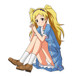 Rule 34 | 1girl, blonde hair, blouse, blue ribbon, blue shirt, blue skirt, brown footwear, closed mouth, collared shirt, commentary request, crotch seam, emily stewart, full body, hair ribbon, idolmaster, idolmaster million live!, interlocked fingers, lielos, long hair, looking at viewer, miniskirt, own hands together, panties, pantyshot, partial commentary, pleated skirt, purple eyes, ribbon, shirt, shoes, short sleeves, simple background, single horizontal stripe, sitting, skirt, smile, socks, solo, summer uniform, summer uniform series (idolmaster), twintails, underwear, white background, white panties, white socks