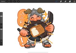 Rule 34 | 1boy, ^ ^, art program in frame, beard, bread, charm (object), chibi, closed eyes, dungeon meshi, dwarf, facial hair, facing viewer, fake horns, food, full body, helmet, highres, holding, holding knife, horned helmet, horns, knife, loaf of bread, long beard, male focus, merchandise available, mimscosara, mustache, senshi (dungeon meshi), solo, standing, thick mustache, very long beard