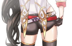 Rule 34 | 1girl, artist request, ass, ass focus, brown hair, cecilia (king&#039;s raid), from behind, gloves, head out of frame, king&#039;s raid, long hair, short shorts, shorts, side ponytail, solo, thighhighs, very long hair