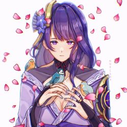 Rule 34 | 1girl, animal, animal on shoulder, armor, artist name, bird, bird on hand, bird on shoulder, breasts, bridal gauntlets, cleavage, closed mouth, collarbone, commentary, english commentary, falling petals, flower, genshin impact, hair flower, hair ornament, highres, japanese clothes, kimono, large breasts, long hair, long sleeves, looking at viewer, mole, mole under eye, mwochaa, nail polish, petals, purple eyes, purple flower, purple hair, purple nails, raiden shogun, ribbon, shoulder armor, simple background, solo, tassel, white background