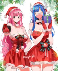 Rule 34 | 2girls, bad id, bad twitter id, black eyes, blue hair, blunt bangs, closed eyes, commentary request, dress, drill hair, eyelashes, gift, gloves, hand on own hip, hat, holding, holding gift, horns, joman, korean commentary, long hair, looking at viewer, mask, mouth mask, multicolored hair, multiple girls, one piece, perona, pink hair, red dress, ribbon, santa hat, sidelocks, sleeveless, sleeveless dress, two-tone hair, ulti (one piece)