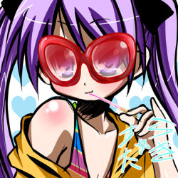 Rule 34 | 00s, 1girl, bare shoulders, body blush, breasts, cleavage, close-up, collarbone, drinking, drinking straw, glasses, hiiragi kagami, holding, large breasts, long hair, looking at viewer, lowres, lucky star, nukunuku, portrait, purple eyes, purple hair, red-framed eyewear, red-tinted eyewear, shade, smile, solo, sunglasses, swimsuit, tinted eyewear, twintails, upper body