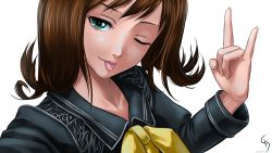 Rule 34 | 1990s (style), 1girl, ;p, \m/, brown hair, female focus, final fantasy, final fantasy viii, flipped hair, green eyes, highres, kurakuen, looking at viewer, one eye closed, pun, retro artstyle, selfie, selphie tilmitt, short hair, simple background, solo, tongue, tongue out, uniform, upper body, white background, wink