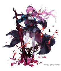 Rule 34 | 1girl, armor, belt, breasts, cape, company name, dark persona, fire, flower, full body, gauntlets, glowing, hair ribbon, kii (mahoraba), leggings, long hair, official art, pantyhose, phantom of the kill, pink eyes, pink hair, red flower, ribbon, shoes, shoulder spikes, solo, spikes, sword, tyrfing (phantom of the kill), waist cape, weapon