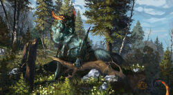 Rule 34 | animal focus, artist name, blue sky, claws, commentary, commission, day, dragon, english commentary, fallen tree, forest, grass, highres, horns, landscape, looking at viewer, monster, nature, no humans, oneyros, orange horns, original, outdoors, rock, scales, scenery, sky, solo, tree, yellow eyes