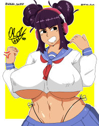 Rule 34 | 1girl, absurdres, angry, artist name, black eyes, breasts, clenched teeth, command grab, covered erect nipples, curvy, headset, highres, huge breasts, oroz kun, purple hair, school uniform, simple background, solo, teeth, wide hips