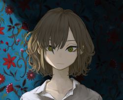 Rule 34 | 1girl, brown hair, collarbone, collared shirt, expressionless, floral print, green eyes, highres, looking at viewer, open collar, original, shadow, shirt, short hair, skkc 128, solo, wallpaper (object), white shirt