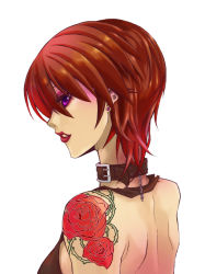 Rule 34 | 1girl, bad id, bad pixiv id, bare shoulders, brown hair, collar, doutoku no jukai (vocaloid), earrings, female focus, flower, forest of moral, jewelry, lipstick, makeup, meiko (vocaloid), purple eyes, rose, short hair, simple background, smile, solo, tattoo, vocaloid, white background