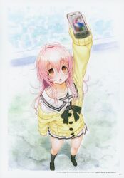 Rule 34 | 1girl, :o, black footwear, black neckerchief, black socks, blush, border, brown eyes, buttons, cardigan, cellphone, cellphone photo, collarbone, foreshortening, from above, full body, hair ornament, highres, holding, holding phone, kimi to kanojo to kanojo no koi., kneehighs, loafers, long hair, looking up, messy hair, miniskirt, mukou aoi (totono), neckerchief, off shoulder, official art, open mouth, outstretched arm, phone, pink hair, pleated skirt, rooftop, sailor collar, school uniform, serafuku, shoes, sidelocks, skirt, smartphone, socks, solo, standing, translated, tsuji santa, white border, white sailor collar, white serafuku, white skirt, yellow cardigan