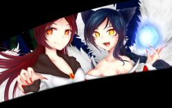 Rule 34 | 2girls, :3, :d, ahri (league of legends), animal ears, baka imouto, bare shoulders, blue hair, braid, breasts, brooch, brown hair, crossover, dress, energy ball, facial mark, fang, fang out, fingernails, fox ears, imaizumi kagerou, jewelry, league of legends, long fingernails, long hair, long sleeves, looking at viewer, magic, multiple girls, nail polish, open mouth, orange eyes, red nails, rumi cha, sharp fingernails, smile, strapless, strapless dress, swept bangs, touhou, whisker markings, wolf ears, yellow eyes