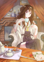 Rule 34 | 10s, 1girl, absurdres, biscuit, book, boots, brown eyes, brown hair, candlestand, chair, cup, curtains, detached sleeves, fireplace, flower, highres, kantai collection, kettle, knife, kongou (kancolle), crossed legs, long hair, looking at viewer, nontraditional miko, photo (object), rose, sitting, solo, table, teacup, thigh boots, thighhighs, xinuo223