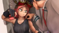 Rule 34 | 1boy, 1girl, 3d, adjusting clothes, bare shoulders, blue hair, boku no hero academia, breasts, cleavage, collarbone, english text, glasses, gloves, goggles, goggles on head, greatm8, hatsume mei, highres, iida tenya, large breasts, leaning to the side, looking at another, medium hair, necktie, pink hair, red neckwear, school uniform, short hair, tank top, u.a. school uniform, yellow eyes
