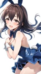 Rule 34 | 1girl, absurdres, animal ears, bare shoulders, black eyes, black hair, blue bow, blue bowtie, blue dress, blush, bow, bowtie, breasts, cleavage, commentary request, detached collar, dress, fake animal ears, fake tail, floating hair, fujiwara hajime, hair between eyes, highres, idolmaster, idolmaster cinderella girls, leotard, looking at viewer, medium breasts, nontraditional playboy bunny, open mouth, popon ta, rabbit ears, rabbit tail, simple background, solo, strapless, strapless dress, sweat, tail, upper body, white background, white wristband