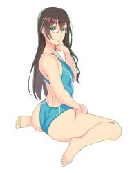 Rule 34 | 1girl, ass, barefoot, black hair, blue one-piece swimsuit, competition swimsuit, from behind, full body, glasses, green eyes, highres, kantai collection, long hair, looking at viewer, looking back, one-piece swimsuit, ooyodo (kancolle), semi-rimless eyewear, simple background, sitting, solo, swimsuit, under-rim eyewear, wariza, white background, yuuji (and)