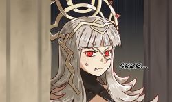 Rule 34 | 1girl, anger vein, clenched teeth, crown, english text, fire emblem, fire emblem heroes, grey hair, hair ornament, long hair, nintendo, nyawn5, red eyes, solo, teeth, upper body, veronica (fire emblem)