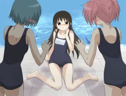 Rule 34 | 10s, 3girls, akemi homura, arm support, barefoot, black eyes, black hair, blue hair, blush, from behind, kaname madoka, kuuyuu, long hair, mahou shoujo madoka magica, mahou shoujo madoka magica (anime), miki sayaka, multiple girls, name tag, one-piece swimsuit, pink hair, pool, poolside, role reversal, school swimsuit, short hair, short twintails, sitting, swimsuit, tears, tiles, twintails, wariza, water, you gonna get raped
