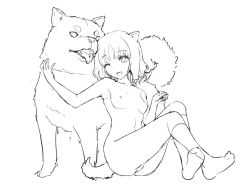 Rule 34 | 1girl, ;d, animal ears, breasts, dog, dog ears, dog girl, dog tail, greyscale, hand up, kneehighs, lineart, monochrome, nipples, nude, one eye closed, open mouth, original, parted bangs, short hair, simple background, sitting, sketch, small breasts, smile, socks, solo, tadano akira, tail, thighs, wavy hair