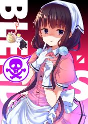 Rule 34 | 1boy, 1girl, ^^^, apron, black apron, black background, black pants, blend s, blonde hair, blood, blunt bangs, blush, brown footwear, chibi, collared shirt, copyright name, dino (blend s), dress shirt, frilled apron, frills, gloves, gradient background, hair ornament, head scarf, highres, keshiks (keshiksext), long hair, looking at viewer, low twintails, nose blush, nosebleed, pants, parted lips, pink shirt, pink skirt, pleated skirt, puffy short sleeves, puffy sleeves, purple eyes, purple hair, red background, sakuranomiya maika, shaded face, shirt, shoes, short sleeves, skirt, spoken skull and crossbones, twintails, uniform, very long hair, waist apron, waitress, white apron, white gloves, white shirt