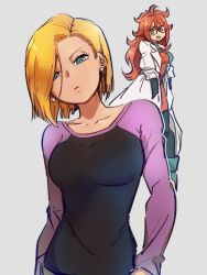 Rule 34 | 2girls, :d, android 18, android 21, blonde hair, blue eyes, breasts, checkered clothes, checkered dress, closed mouth, collarbone, dragon ball, dragon ball fighterz, dragonball z, dress, earrings, glasses, grey background, hair over one eye, hand in pocket, jewelry, kemachiku, lab coat, long hair, long sleeves, looking at viewer, medium breasts, multiple girls, open mouth, pantyhose, red hair, shirt, short hair, simple background, smile, standing