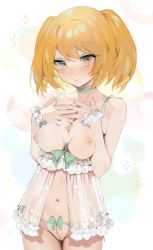 Rule 34 | 1girl, babydoll, bad id, bad twitter id, bare arms, bare shoulders, blonde hair, blush, breasts, choker, cleavage, cleft of venus, commentary request, cowboy shot, cupless babydoll, embarrassed, eyelashes, frilled cuffs, frills, green choker, green nails, hands on own chest, hands up, highres, inverted nipples, long hair, looking at viewer, medium breasts, nail polish, navel, nipples, ohisashiburi, orange eyes, orange nails, original, parted lips, pearl thong, see-through, solo, standing, stomach, tearing up, tears, twintails, wrist cuffs