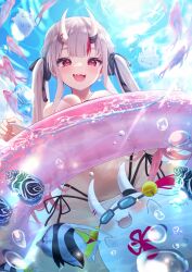 Rule 34 | 1girl, :d, absurdres, bikini, breasts, fang, fish, highres, hololive, horns, innertube, nakiri ayame, oni, open mouth, partially underwater shot, poyoyo (nakiri ayame), red eyes, skin-covered horns, skin fang, small breasts, smile, solo, swim ring, swimsuit, terra bose, twintails, underwater, virtual youtuber, water, wet, white hair