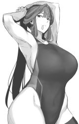 Rule 34 | 1girl, anegawa eiji, armpits, arms behind head, arms up, bare shoulders, blush, breasts, closed mouth, collarbone, competition swimsuit, covered navel, granblue fantasy, greyscale, highleg, highleg swimsuit, highres, huge breasts, long hair, looking at viewer, monochrome, mouth hold, one-piece swimsuit, ponytail, shura (granblue fantasy), sidelocks, simple background, swimsuit, tying hair, white background