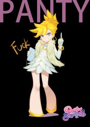 Rule 34 | 1girl, absurdres, bag, black background, character name, full body, handbag, highres, middle finger, mosquito coils, panty &amp; stocking with garterbelt, panty (psg), profanity, simple background, solo