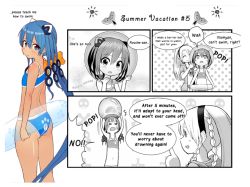 Rule 34 | 2girls, :&lt;, :o, ^^^, ^ ^, alternate language, arms up, ass, back, beetle, bikini, bikini tan, bikini under clothes, blue eyes, blue hair, blush, bow, braid, bug, chibi, closed eyes, comic, cosmic break, english text, flat chest, food, front-tie bikini top, front-tie top, frown, fruit, hair between eyes, hair bow, hair ornament, hairband, hairpods, helmet, holding, hood, hoodie, illumis (cosmic break), index finger raised, innertube, insect, long hair, looking at viewer, looking back, low ponytail, morizo cs, multiple girls, non-web source, official art, open clothes, open hoodie, open mouth, paw print, polka dot, polka dot background, ponytail, rouche, skull and crossbones, smile, speech bubble, sports bikini, standing, striped bikini, striped clothes, sun, swim ring, swimsuit, swimsuit under clothes, tan, tanline, transparent, twin braids, unworn headwear, unworn helmet, very long hair, watermelon