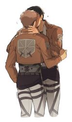 Rule 34 | 2boys, brown hair, commentary, couple, cropped legs, english commentary, heart, highres, jean kirstein, kiss, lipeka, male focus, marco bott, multiple boys, notice lines, pants, paradis military uniform, shingeki no kyojin, short hair, surprise kiss, surprised, thigh strap, training corps (emblem), yaoi