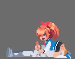 Rule 34 | 1girl, blue eyes, blunt bangs, bow, breasts, clothes lift, cunnilingus, handjob, kamuo, kunio-kun series, kyoko (kunio-kun), large breasts, open mouth, oral, orange hair, penis, pixel art, ponytail, river city girls, sitting, sitting on face, sitting on person, skirt, skirt lift, socks, thick thighs, thighs