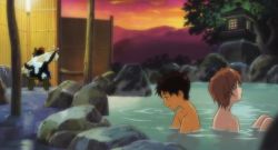Rule 34 | 1boy, 1girl, back-to-back, bath, bath stool, bathing, bird, black hair, brown hair, closed mouth, cloud, completely nude, couple, fence, from behind, from side, gainax, game cg, girlfriend of steel, holding, ikari shinji, kirishima mana, knees up, lantern, light smile, lights, looking down, looking to the side, looking up, mixed-sex bathing, mountain, neon genesis evangelion, neon genesis evangelion: iron maiden, non-web source, nude, onsen, outdoors, partially submerged, penguin, penpen, profile, rock, shared bathing, short hair, sitting, sky, smile, soap bubbles, stool, sunset, tan, towel, tree, water, wet, wooden fence