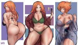 Rule 34 | 1girl, ass, breasts, cleavage, curvy, green eyes, hair over one eye, hary96, huge ass, large breasts, long hair, looking back, navel, one eye closed, orange hair, smile, standing, stomach, thick thighs, thighs, wide hips