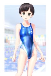Rule 34 | 1girl, absurdres, black eyes, black hair, blue one-piece swimsuit, breasts, clothes writing, competition swimsuit, contrapposto, cowboy shot, highres, indoors, lane line, looking at viewer, multicolored clothes, multicolored swimsuit, one-piece swimsuit, original, pool, short hair, small breasts, smile, solo, standing, string of flags, swimsuit, takafumi, translation request