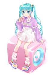 Rule 34 | 1girl, blue eyes, blue hair, blush, bow, drill hair, food-themed hair ornament, hair bow, hair ornament, hand on headphones, hand up, hatsune miku, headphones, headphones around neck, heart, heart-shaped pupils, highres, long hair, long sleeves, looking to the side, loose necktie, nail polish, necktie, overall skirt, print sweater, rooibos, shoes, sitting, sneakers, socks, solo, speaker, spring onion hair ornament, spring onion print, star (symbol), star hair ornament, strap slip, sweater, symbol-shaped pupils, twin drills, twintails, very long hair, vocaloid, white socks